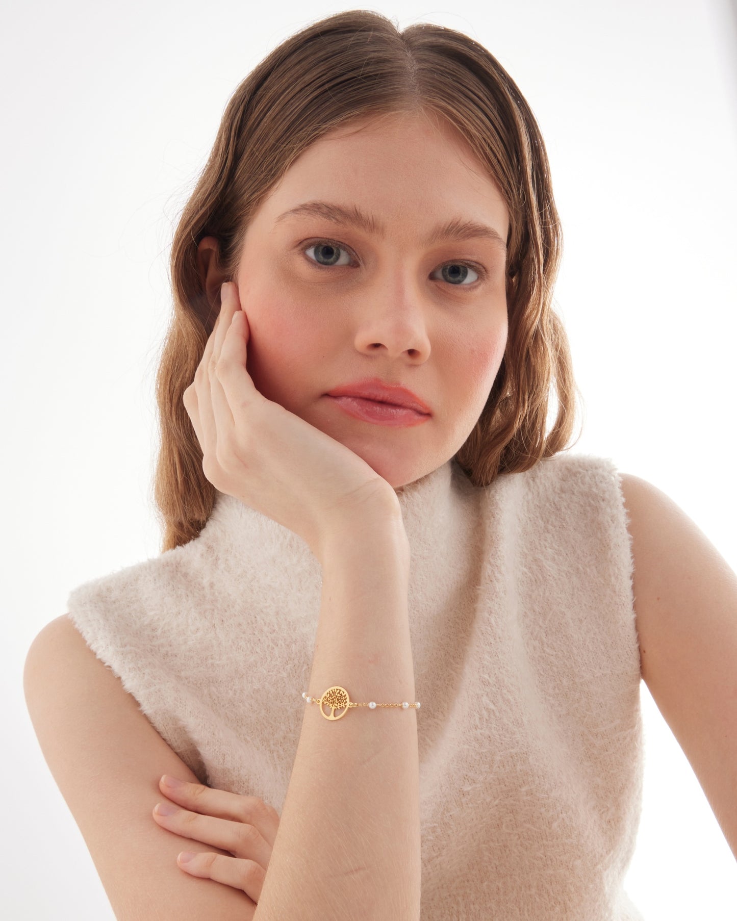 Pulsera árbol de la vida Sera con perla en Plata baño Oro
