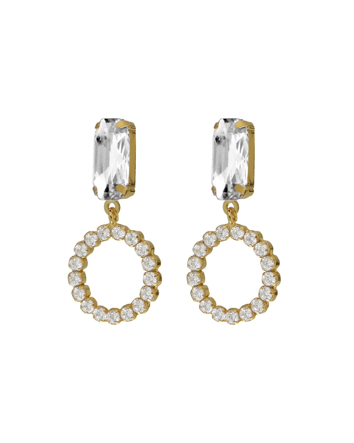 Pendientes cortos rectángulo y círculo Lieve con cristal riviere blanco en Plata baño oro
