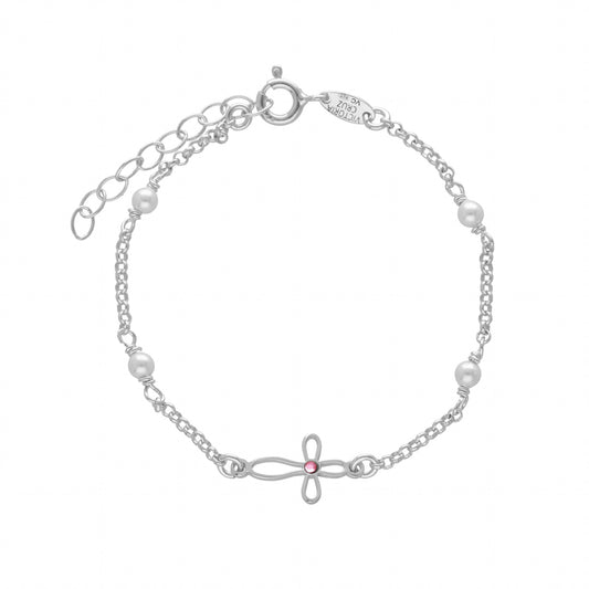 Pulsera Cintilar cruz cristal rosa en Plata
