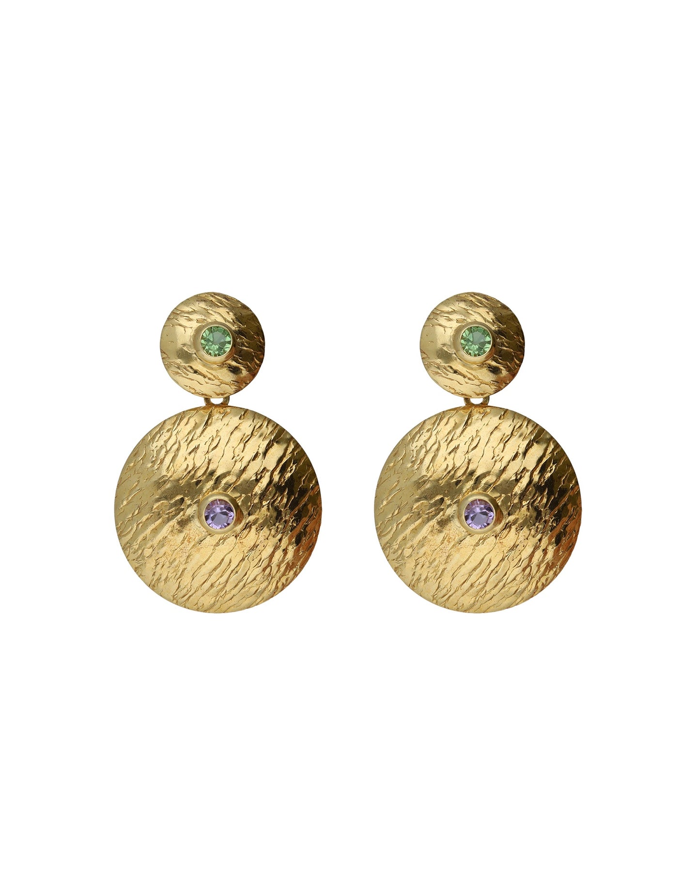 Pendientes largos textura círculo Bruma con cristal violeta en Plata baño Oro