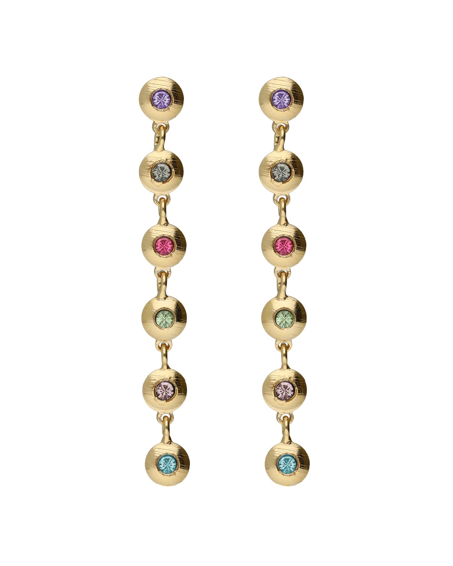 Pendientes largos textura círculo Bruma con cristal multicolor en Plata baño Oro