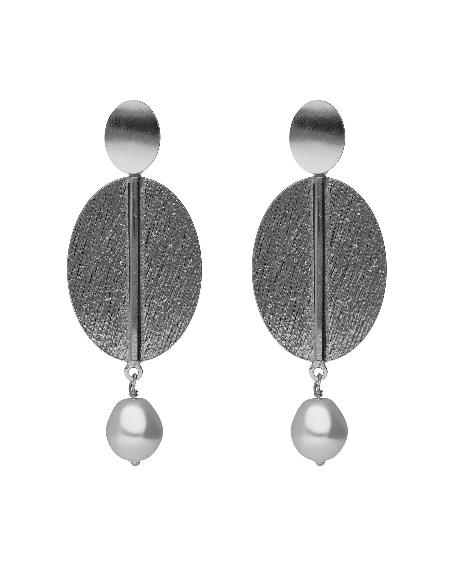 Pendientes largos textura oval Sera con perla barroca en Plata