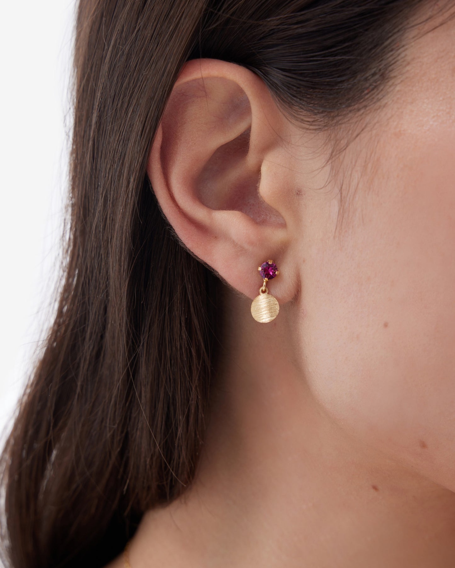 Pendientes cortos Azure círculo textura con cristal rosa en Plata baño Oro