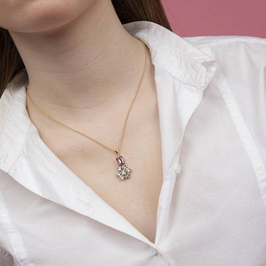 Collar corto Antonella flor cristal rosa en Plata baño Oro