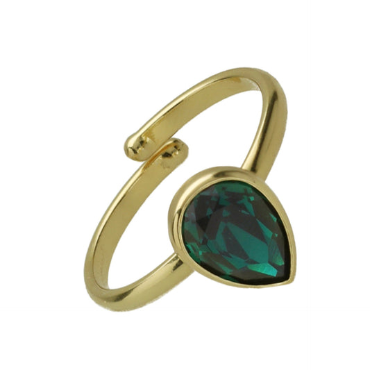 Anillo ajustable Fullness lágrima cristal verde en Plata baño Oro