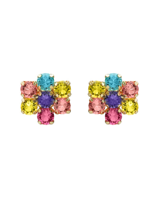Pendientes cortos Fleur flor con cristal multicolor en Plata baño Oro