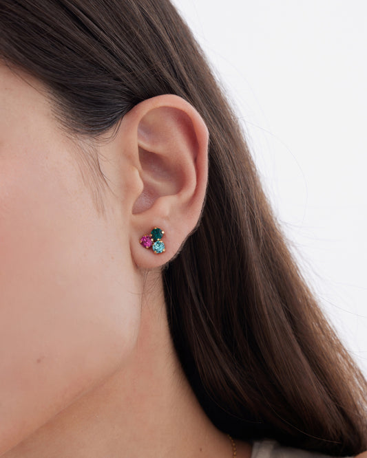 Pendientes botón Azure con cristal multicolor en Plata baño Oro