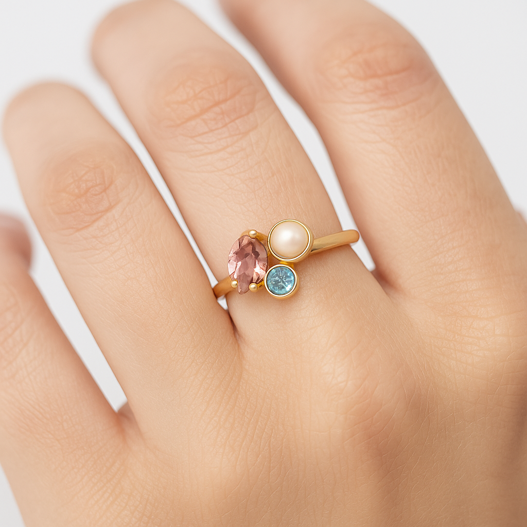 Anillo ajustable Nina cristales y perla multicolor en Plata baño Oro