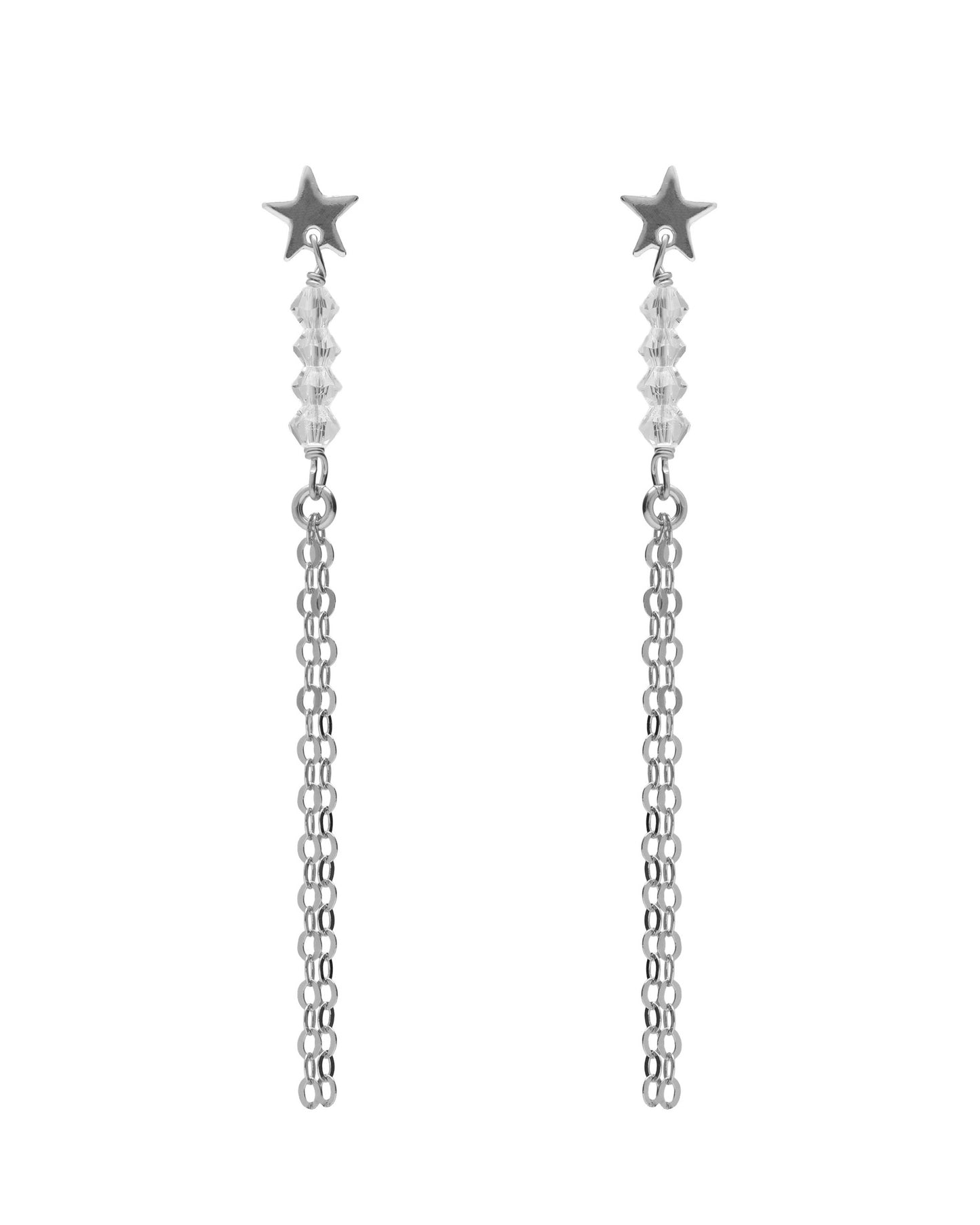 Pendientes largos Muse estrella y cadenas con cristal blanco en Plata