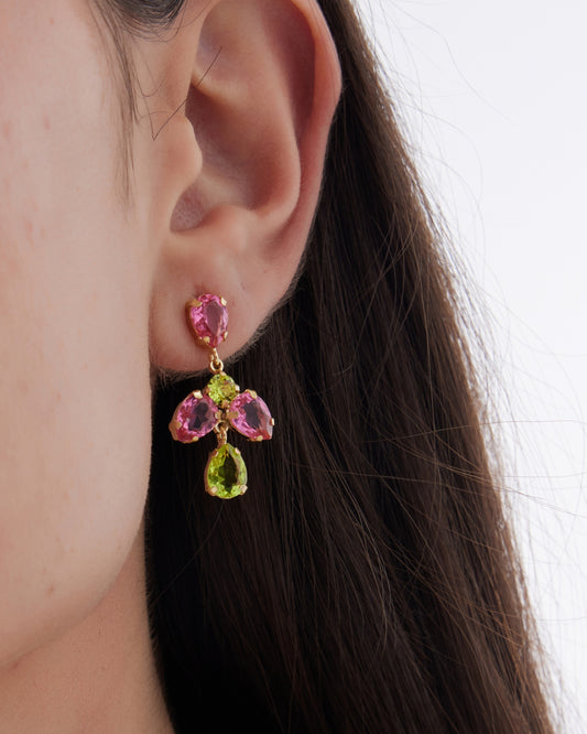 Pendientes largos Fleur lágrima con cristal en Plata baño Oro