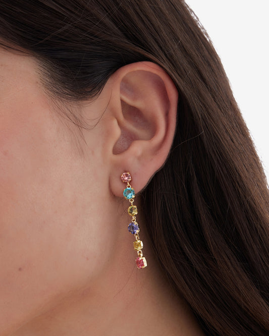 Pendientes largos Fleur con cristal multicolor en Plata baño Oro