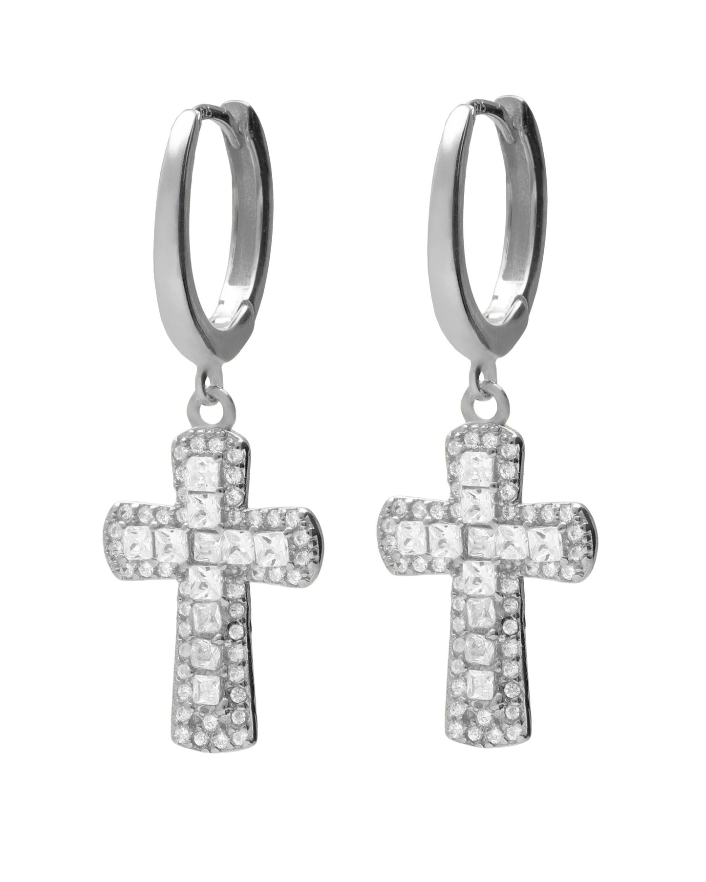 Pendientes aro click Lux cruz con circonita blanca en Plata
